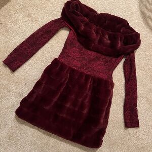 Elegant Burgundy Lace and Faux Fur Dress